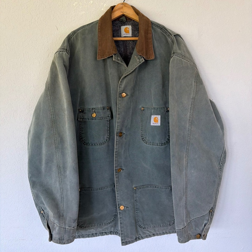 Carhartt Sandstone Duck Blanket Lined Chore Coat Hunter Green Corduroy Collar XL